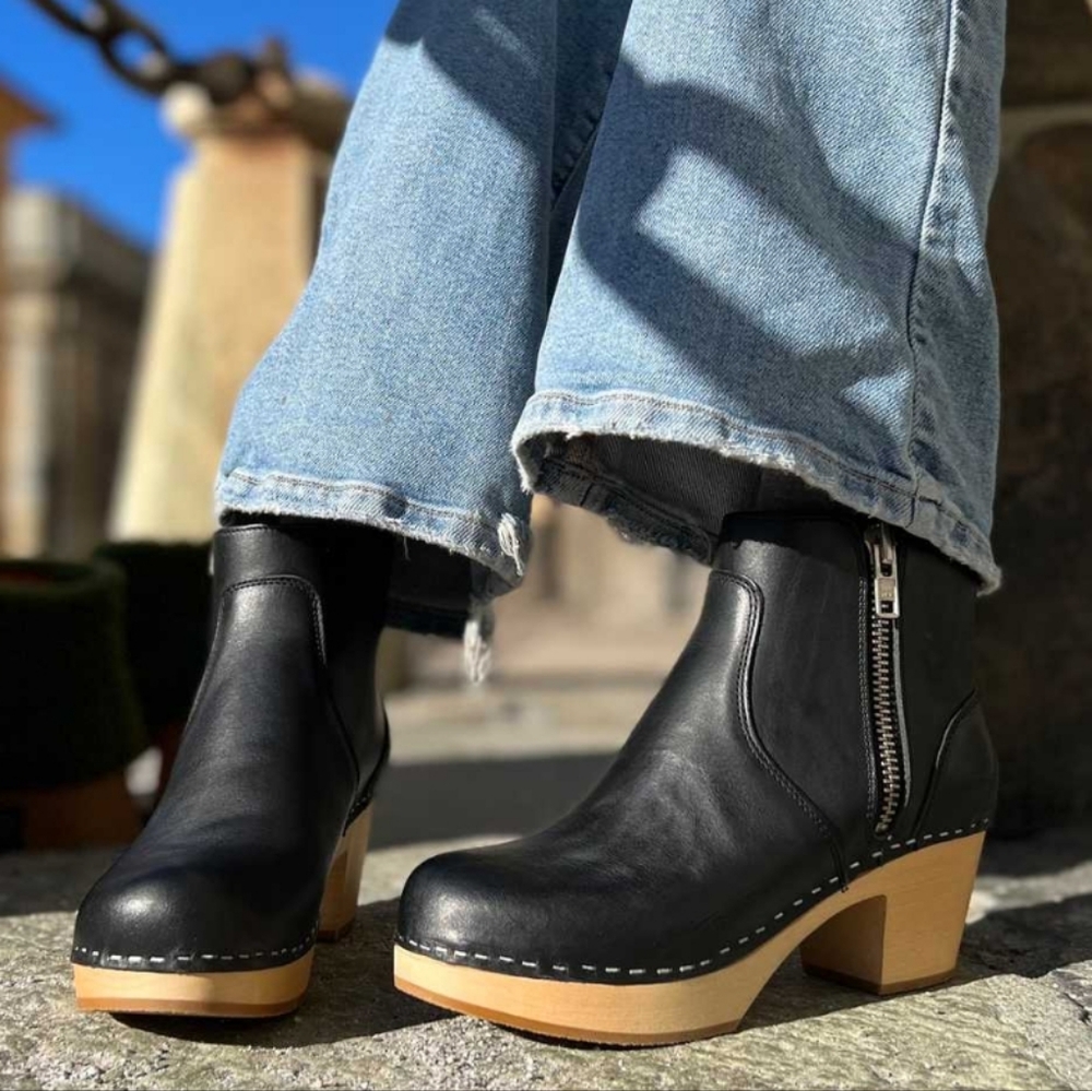 Swedish Hasbeens Black Leather Ankle Clogs with Natural Wood Platform
